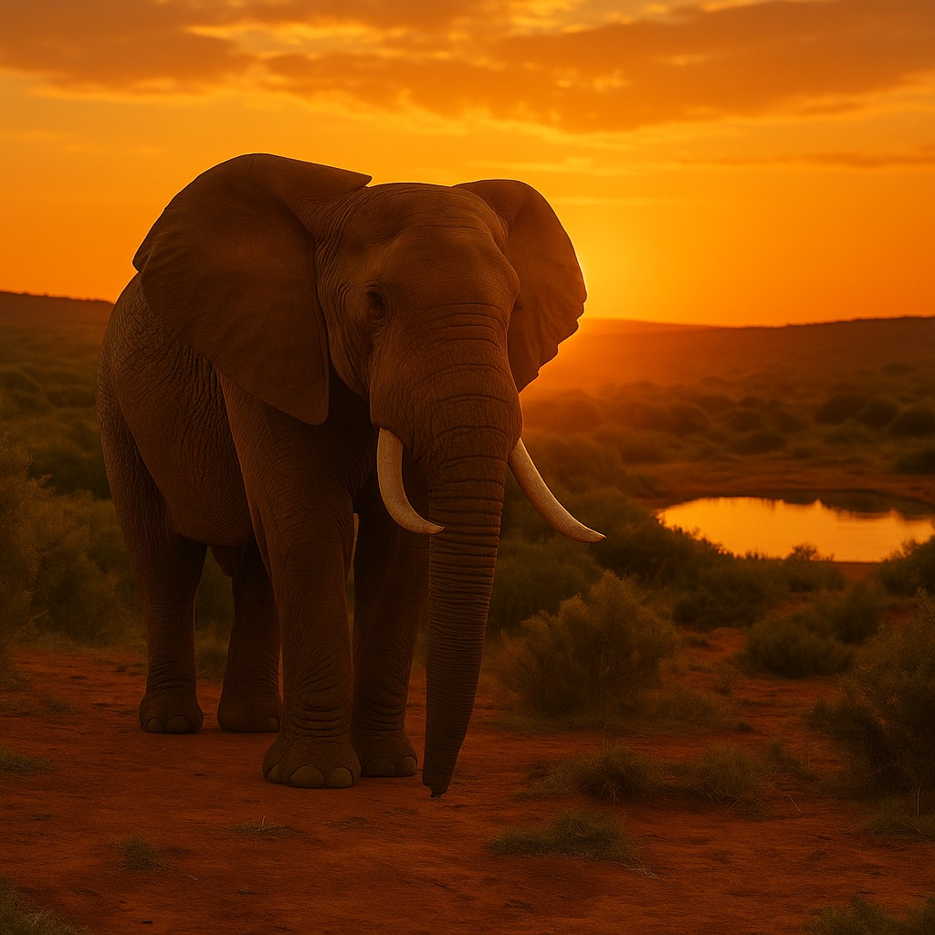 African elephant walking through Addo Elephant Park at sunset.