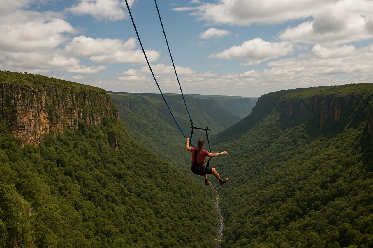 A person taking the plunge on the Big Swing at Graskop Gorge