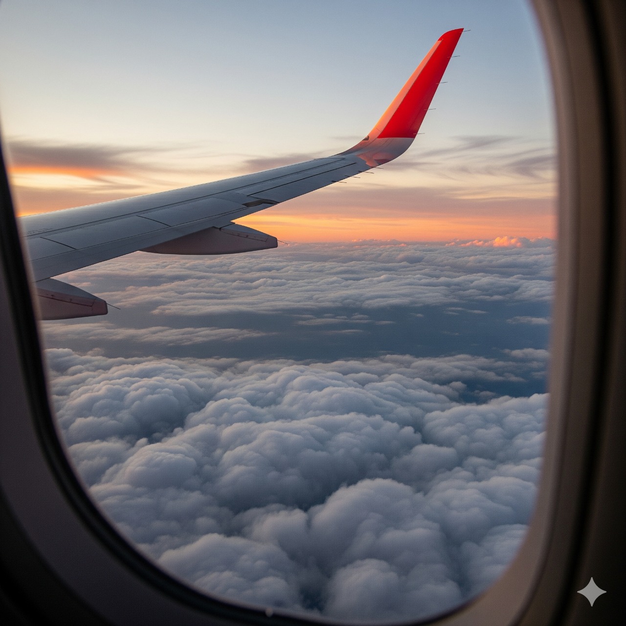 An airplane wing flying over clouds.
