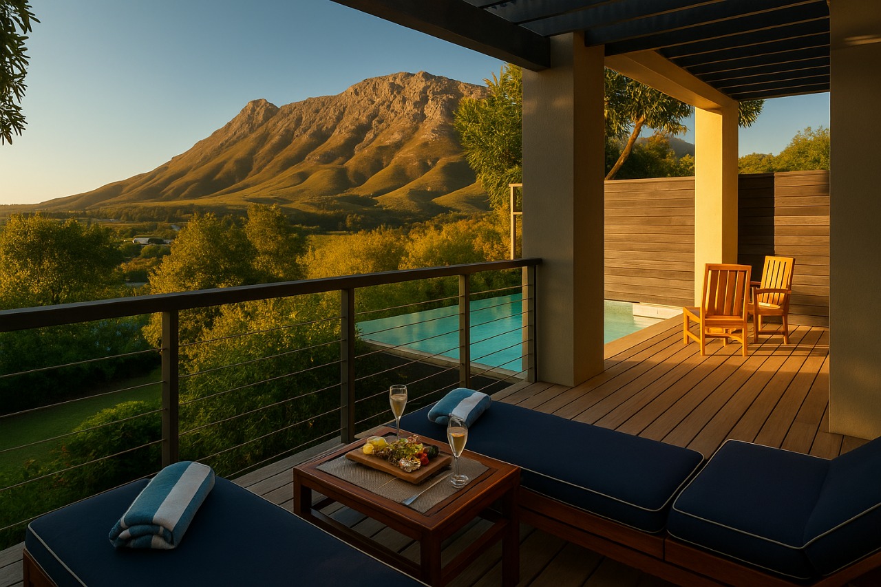 Hotel balcony with loungers overlooking a pool and mountains in Stellenbosch.