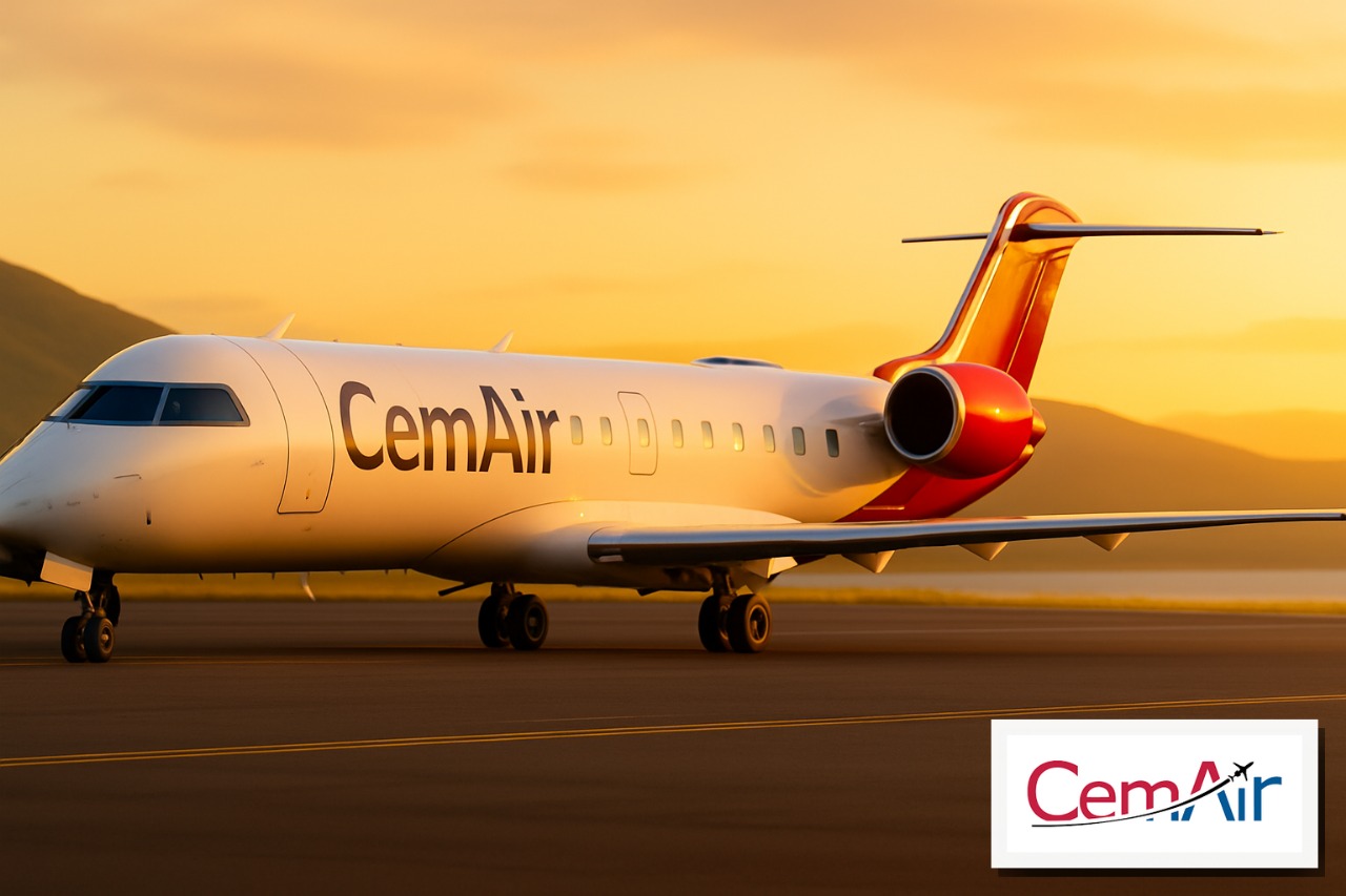 CemAir aircraft on the runway at sunset